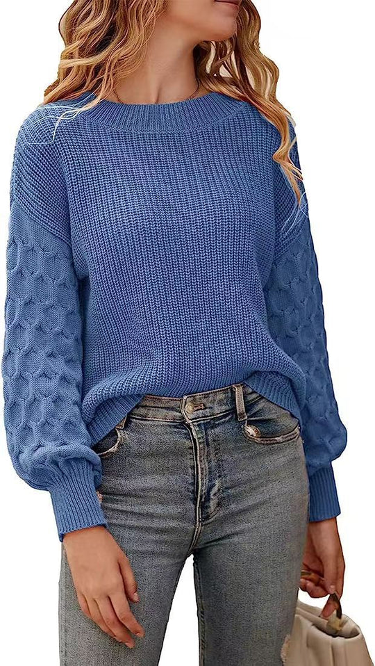 Damen modischer Strickpullover mit strukturierten Ärmeln und Rundhalsausschnitt Heidi-Mode