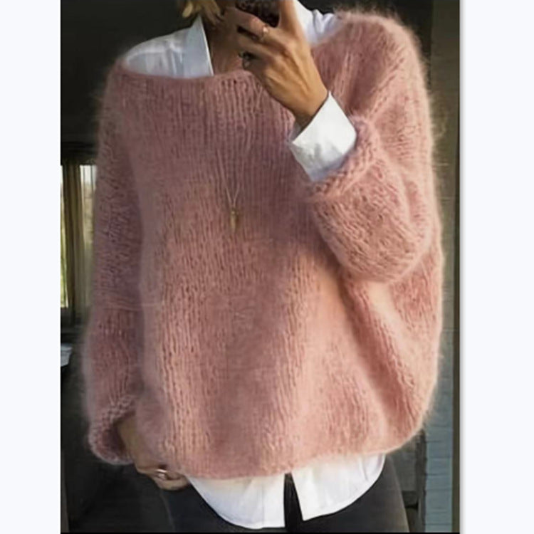 Damen kuscheliger Oversized Pullover mit U-Boot-Ausschnitt Heidi-Mode