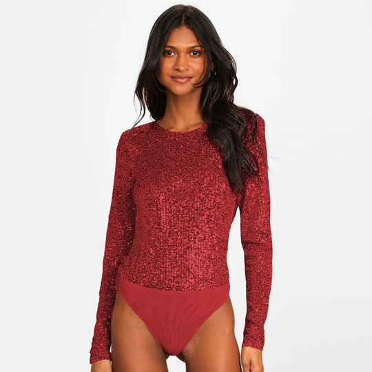 Damen Funktionsreicher Pailletten-Bodysuit mit langem Arm Heidi-Mode