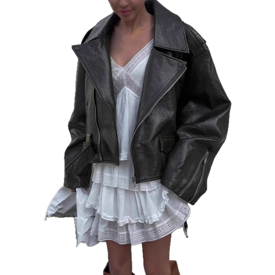 Damen Oversized Kunstlederjacke mit asymmetrischem Reißverschluss Heidi-Mode
