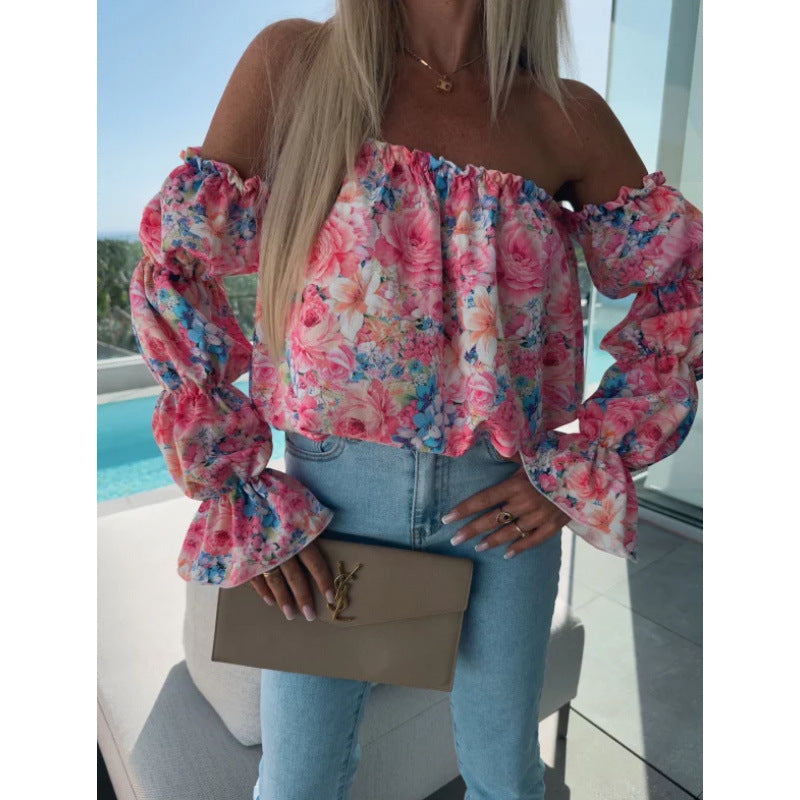 Damen Off-Shoulder Bluse mit Blumenmuster und Rüschensleeves Heidi-Mode