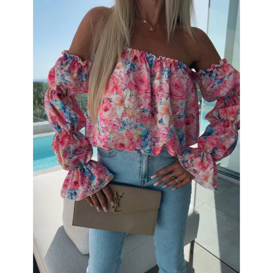 Damen Off-Shoulder Bluse mit Blumenmuster und Rüschensleeves Heidi-Mode
