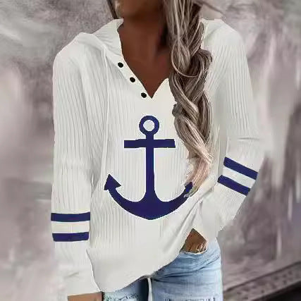 Damen Kapuzenpullover mit maritimem Anker-Design und strukturiertem Stoff Heidi-Mode