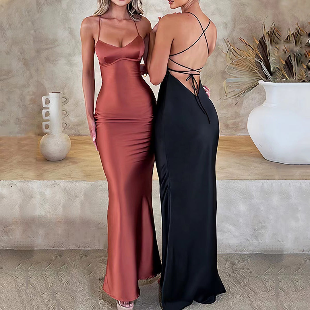 Damen Glamouröses Langarm-Maxi-Kleid mit verstellbaren Trägern und figurbetontem Schnitt Heidi-Mode