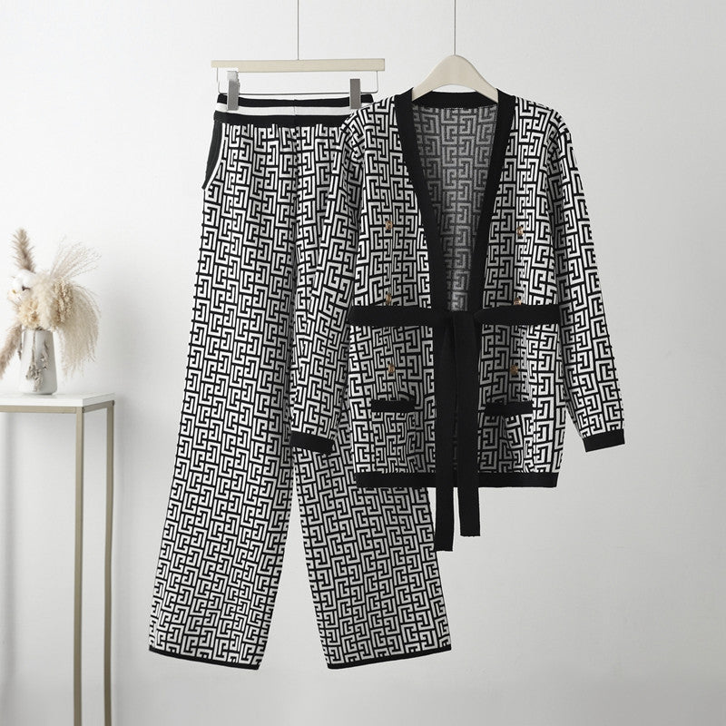 Damen lässiges Strick-Loungewear-Set mit geometrischem Muster Heidi-Mode