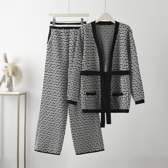 Damen lässiges Strick-Loungewear-Set mit geometrischem Muster Heidi-Mode