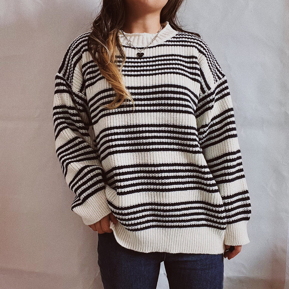 Damen lässiger Strickpullover mit breiten Streifen und überschnittenen Schultern Heidi-Mode
