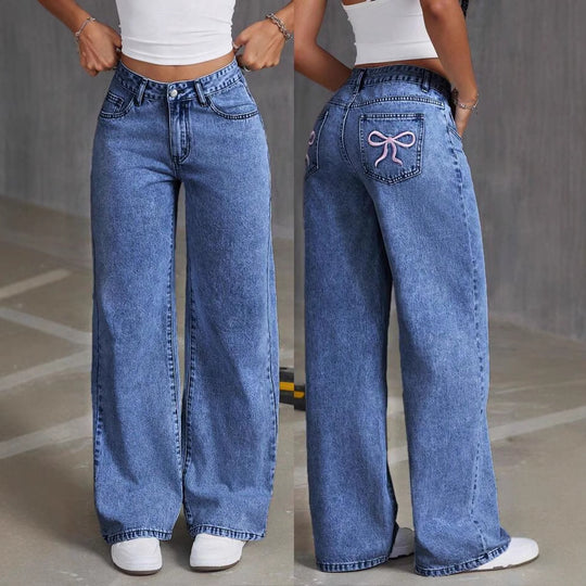 Damen Weit geschnittene Jeans mit kräftigen Kontrastnähten und verspielt gestickten Taschen Heidi-Mode