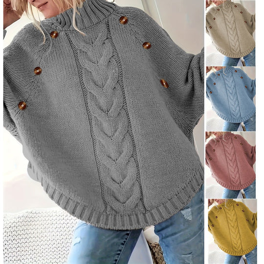 Damen Grobstrickpullover mit hochgeschlossenem Kragen und dekorativen Knöpfen Heidi-Mode