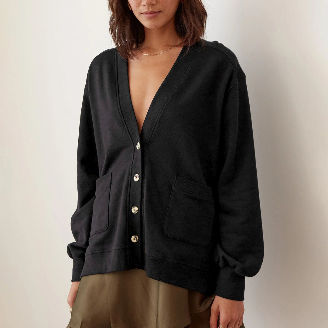 Damen lässige Strickjacke mit tiefem V-Ausschnitt und großen Taschen Heidi-Mode