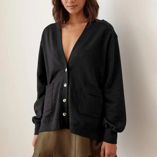 Damen lässige Strickjacke mit tiefem V-Ausschnitt und großen Taschen Heidi-Mode