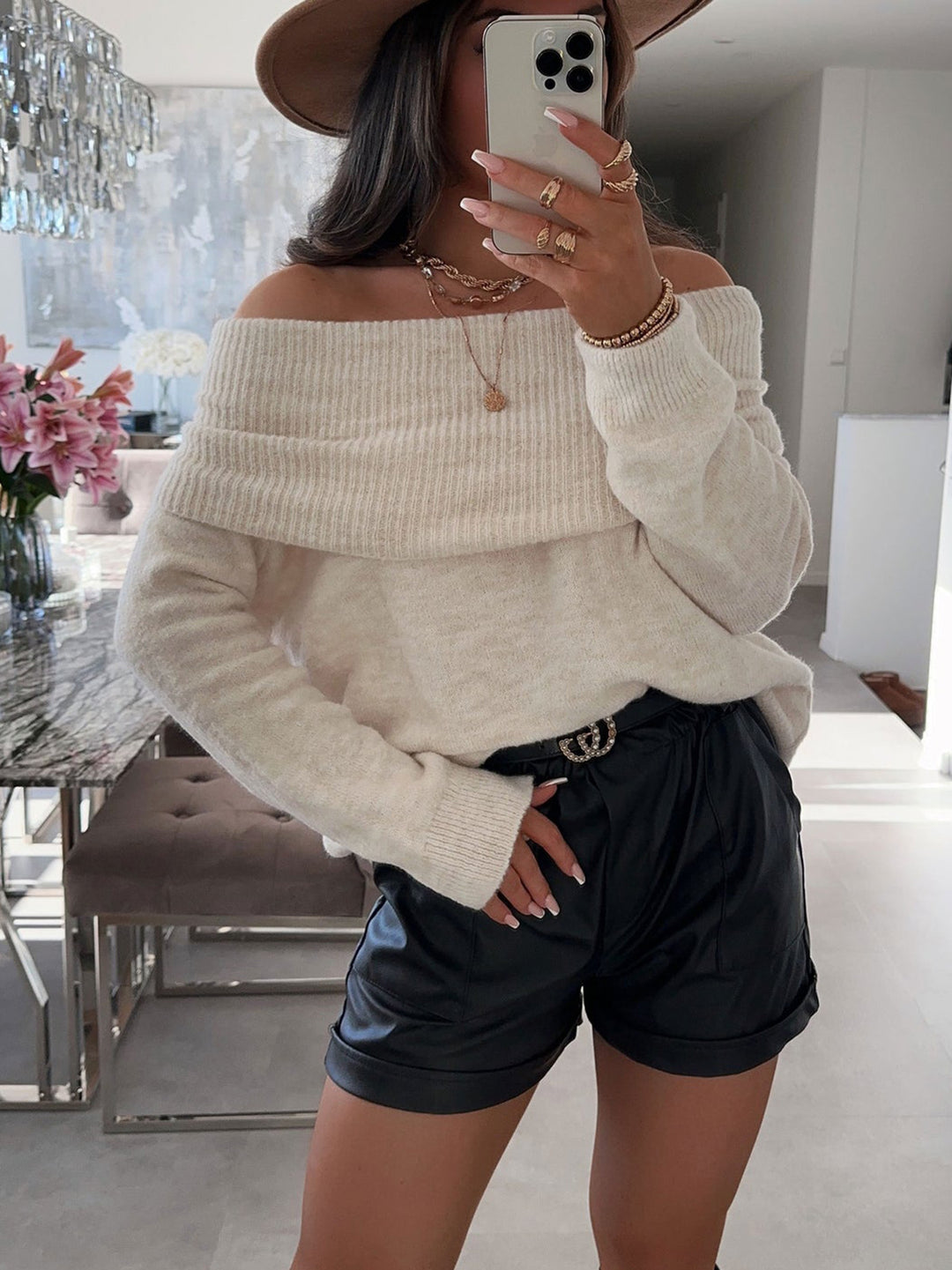 Damen lässiger Off-Shoulder Pullover mit Rippenstruktur Heidi-Mode