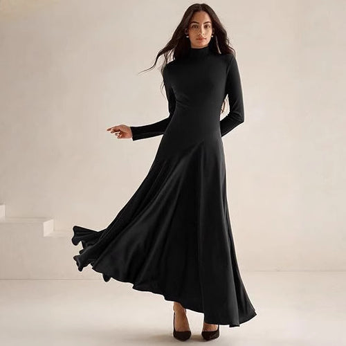 Damen Elegantes Langarm Maxikleid mit hohem Kragen und fließendem Rock Heidi-Mode