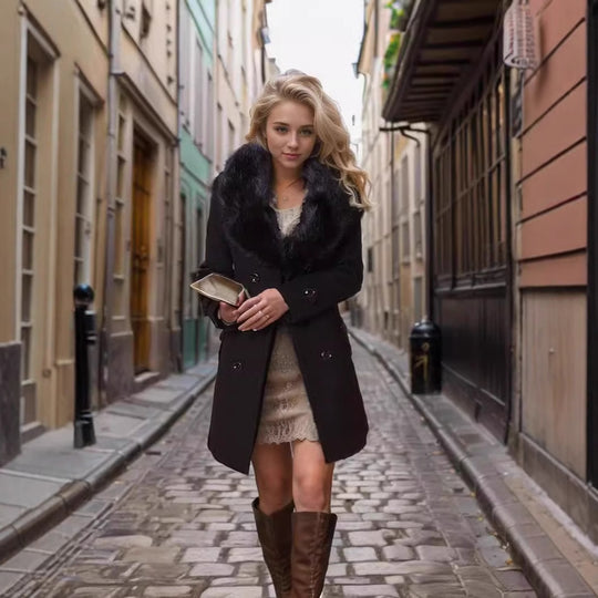 Damen eleganter Übergangs-Mantel mit abnehmbarem Kunstfellkragen Heidi-Mode