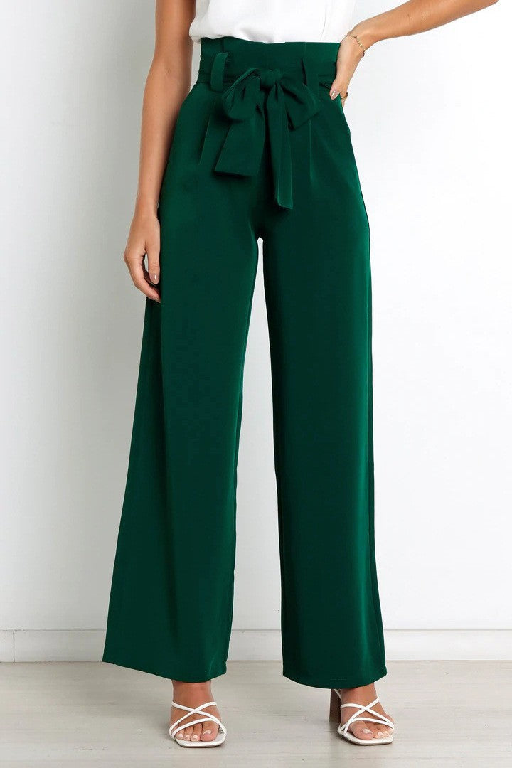 Damen Weit geschnittene High-Waist-Hose mit Binde-Gürtel und Taschen Heidi-Mode