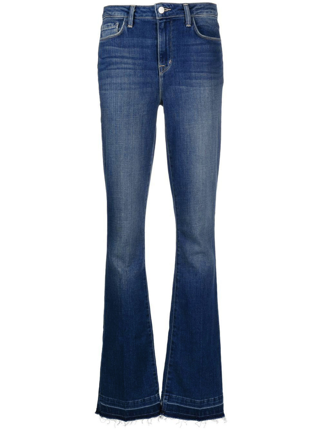 Damen Bootcut Jeans im legeren Design mit fransigem Saum und hohem Taillenbund Heidi-Mode