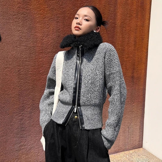 Damen Strickjacke mit kontrastierendem Kragen und seitlichem Reißverschluss Heidi-Mode