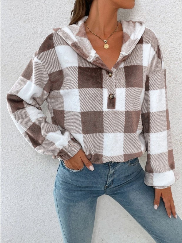 Damen Gemusterte Karo-Hoodie-Bluse Heidi-Mode