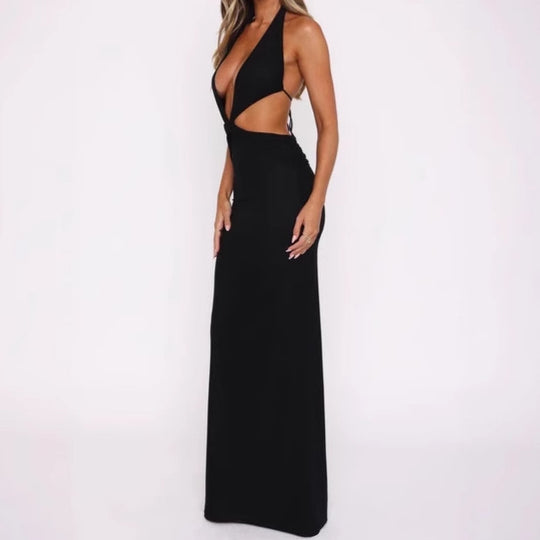 Damen Luxus Maxikleid mit tiefem V-Ausschnitt und aufregenden Cut-Out-Details Heidi-Mode