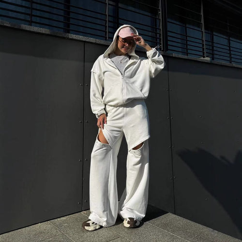 Damen modisches Sport-Lounge-Set mit künstlerischen Cut-Outs und übergroßem Hoodie Heidi-Mode