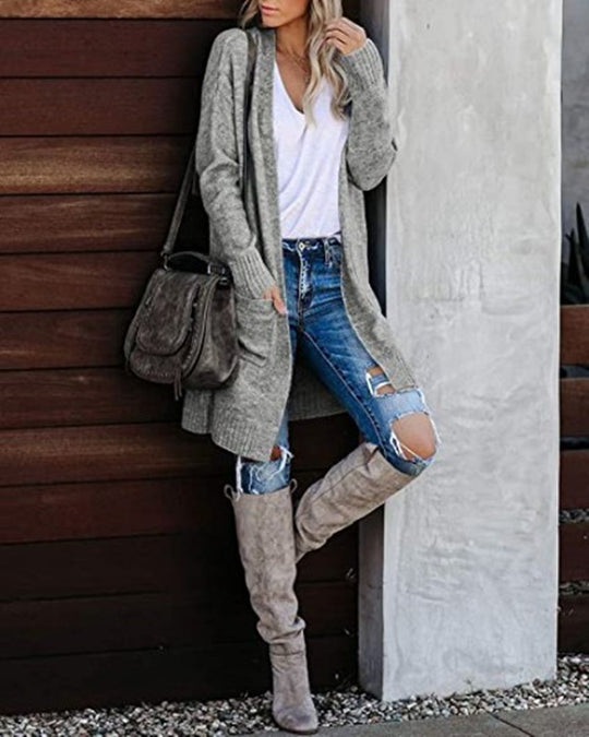 Damen Lange Strickjacke mit offenem Schnitt und lässigem Design Heidi-Mode
