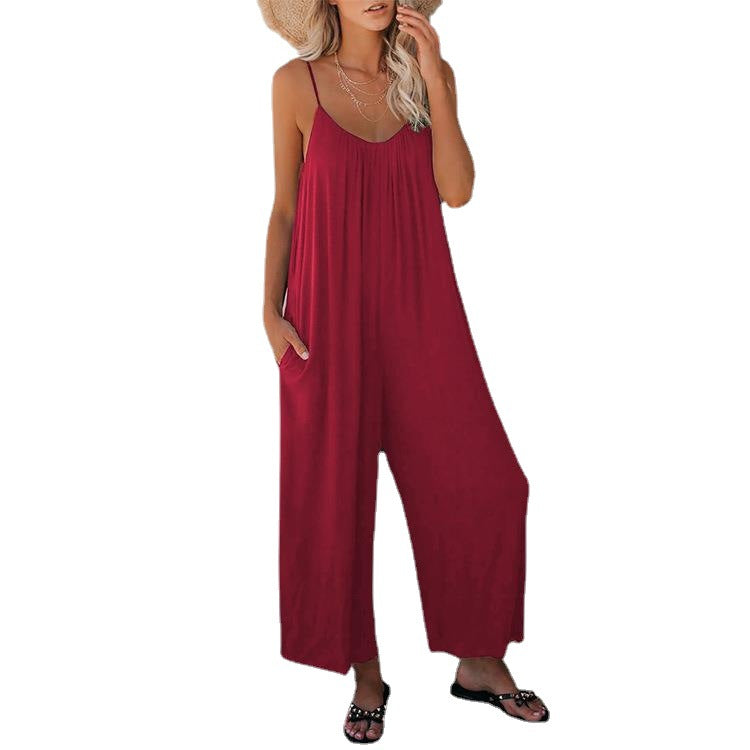 Damen Lässiger Sommer-Jumpsuit mit tiefem Ausschnitt und praktischen Taschen Heidi-Mode