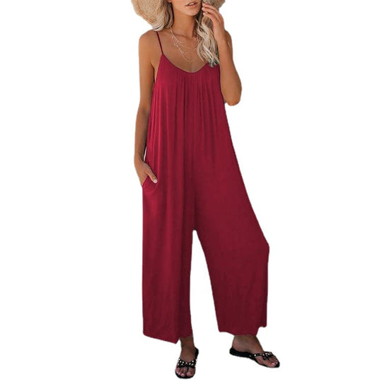 Damen Lässiger Sommer-Jumpsuit mit tiefem Ausschnitt und praktischen Taschen Heidi-Mode