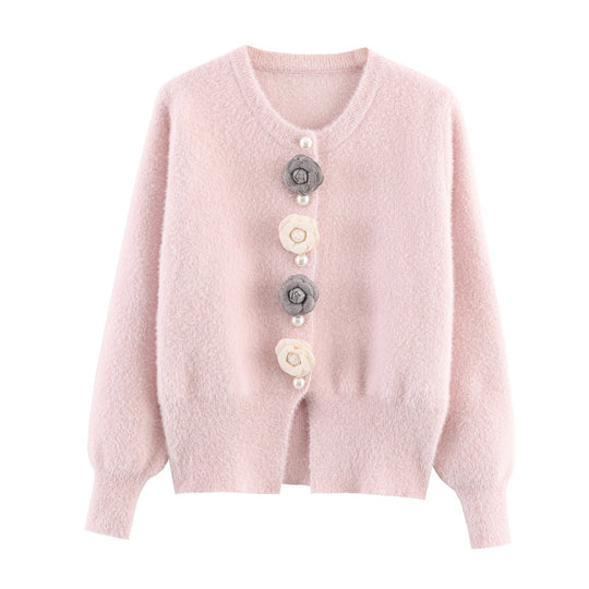 Damen stylische Strickjacke mit einzigartigen Blumenapplikationen Heidi-Mode