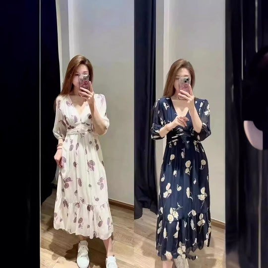 Damen Chiffon Kleid mit floralem Musterdruck und voluminösen Ärmeln Heidi-Mode