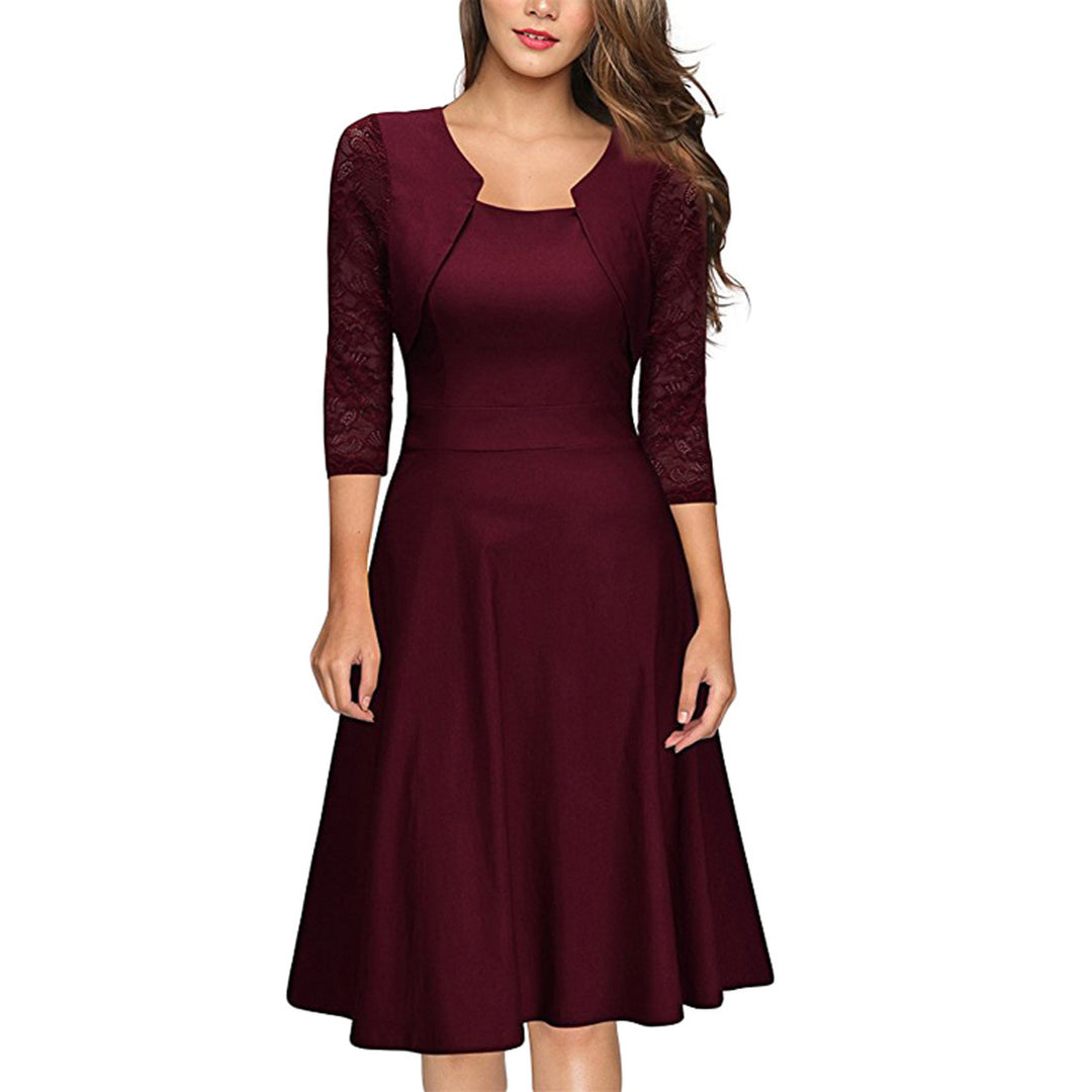 Damen Midi-Kleid mit Spitzenärmeln und schwingendem Rock Heidi-Mode