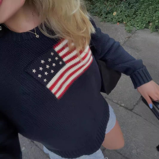 Damen Strickpullover mit amerikanischem Flaggenmotiv Heidi-Mode