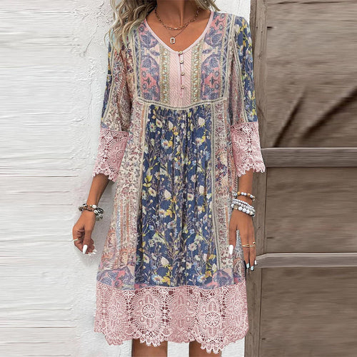 Damen Boho-chic Kleid mit Spitzenärmel und floralem Muster Heidi-Mode