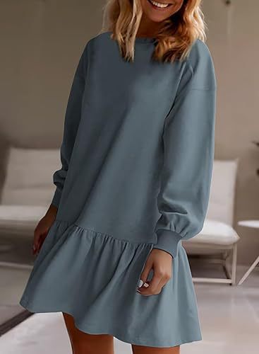 Damen lässiges Sweatkleid mit voluminösen Ärmeln und Rüschensaum Heidi-Mode