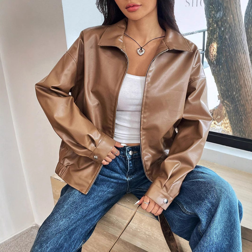 Damen trendige Kunstlederjacke im modernen Schnitt mit lässigem Reißverschluss Heidi-Mode