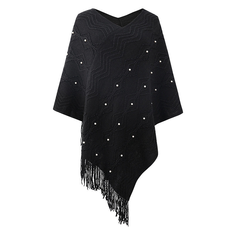 Damen eleganter Poncho mit auffälligem Strukturmuster und dekorativen Fransen Heidi-Mode