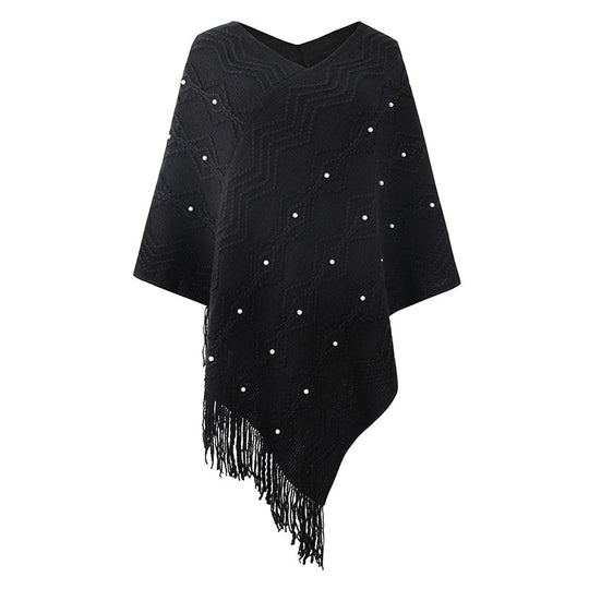 Damen eleganter Poncho mit auffälligem Strukturmuster und dekorativen Fransen Heidi-Mode