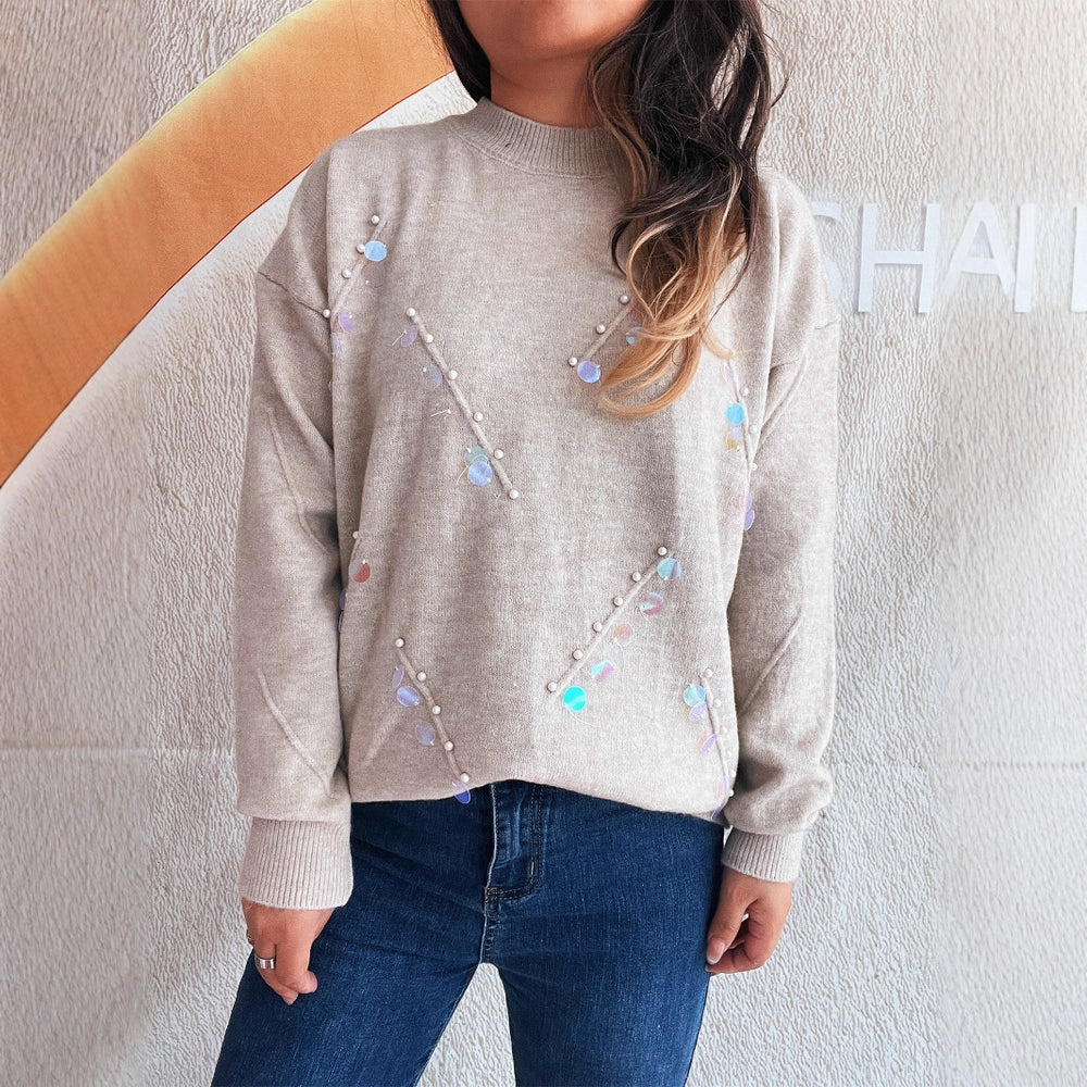 Damen Pullover mit modischen Perl- und Strassdetails Heidi-Mode