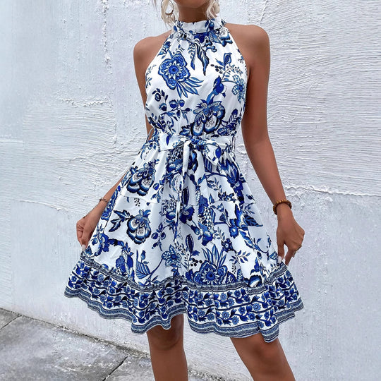 Damen Sommerliches Kragenkleid mit floralem Design und Bindegürtel Heidi-Mode