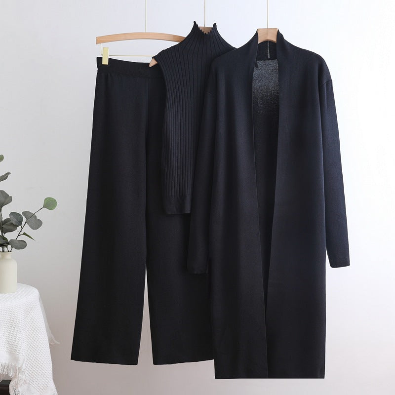 Damen gemütliches Strick-Loungewear-Set mit langem Cardigan und Rippenshirts Heidi-Mode