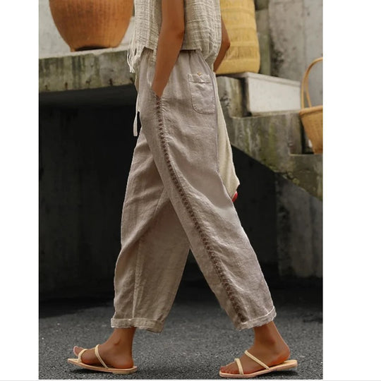 Damen Leichte Leinenhose mit seitlichen Knopfdetails Heidi-Mode