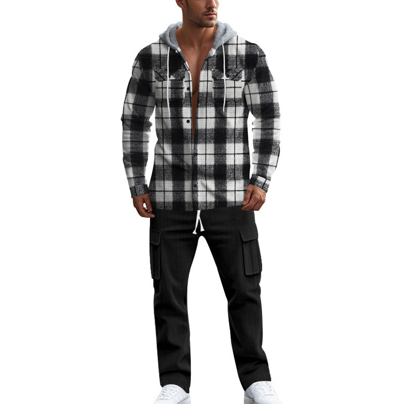 Herren gemusterte Kapuzenshirtjacke mit karierter Struktur und praktischen Taschen Heidi-Mode
