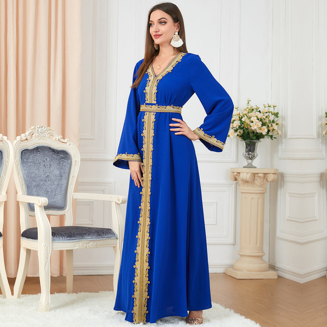 Heidi-Mode | Damen Royalblaues Langarm-Maxi-Kleid mit Goldener Besatz