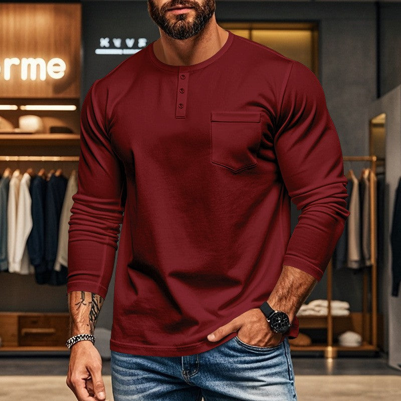 Herren Langarmshirt mit Knopfleiste und Brusttasche Heidi-Mode