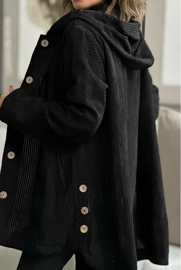 Damen Lässige cordjacke mit Kapuze und großen Knöpfen Heidi-Mode