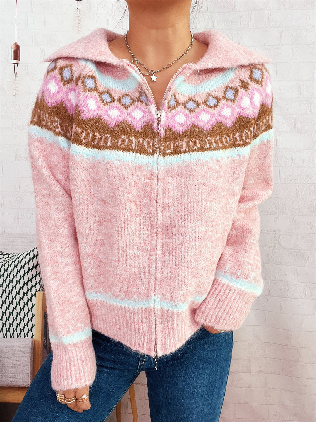 Damen Strickjacke mit buntem Muster und hochwertigem Reißverschluss Heidi-Mode