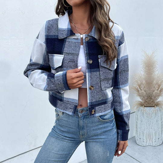 Damen Karierte Denimjacke mit Knöpfen und Brusttaschen Heidi-Mode