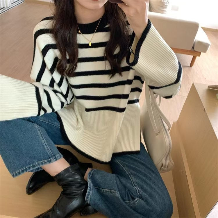 Damen gemütlicher Strickpullover mit Streifen Heidi-Mode