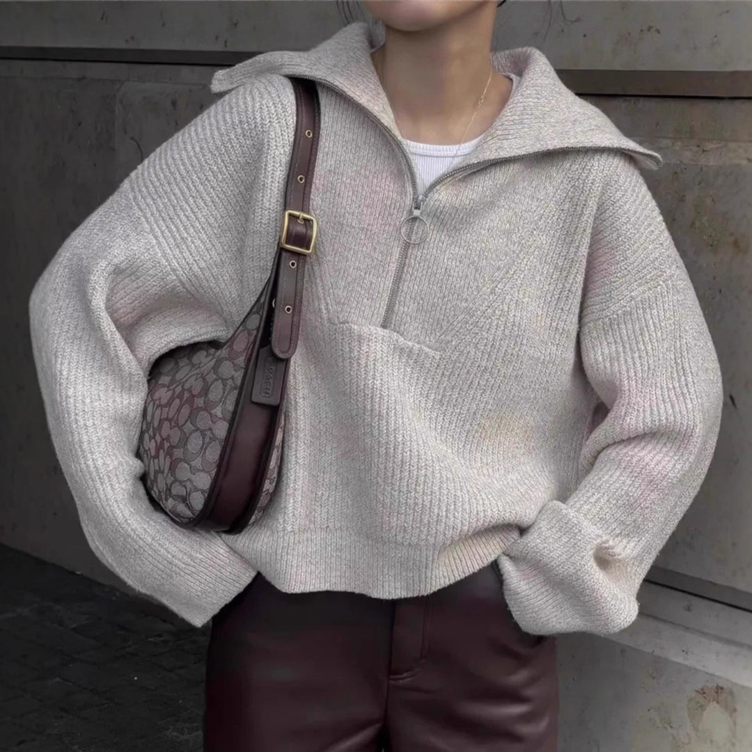 Damen Strickpullover mit Reißverschluss und lässigem Schnitt Heidi-Mode