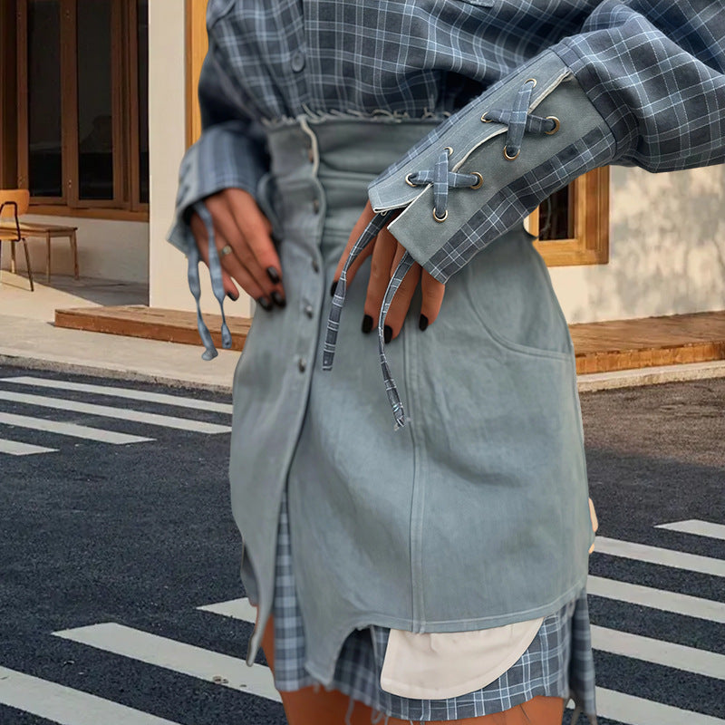 Damen Karo Hemdbluse mit Jeansrock und artisanalem Schnitt Heidi-Mode