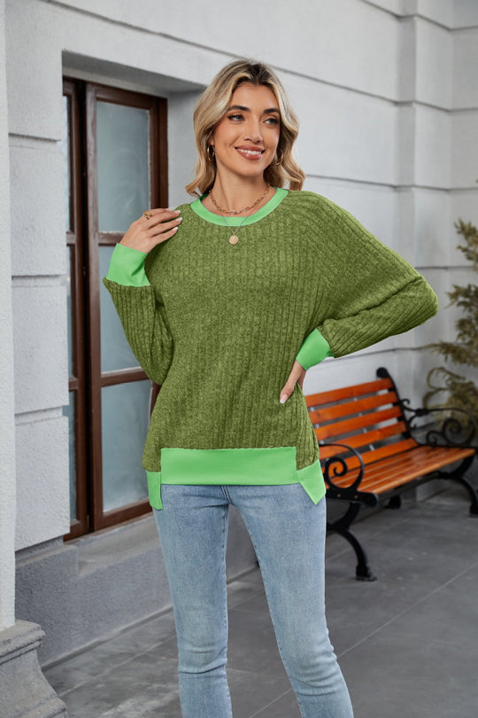 Damen lässiger Pullover mit kontrastierenden Ärmelabschlüssen und einzigartiger Textur Heidi-Mode
